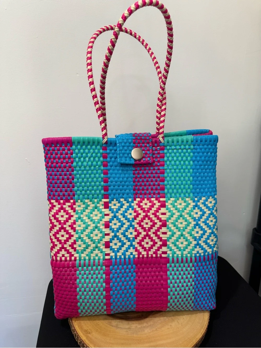 Handwoven Mexican Jumbo Tote Bag in Fuchsia, Teal & Blue